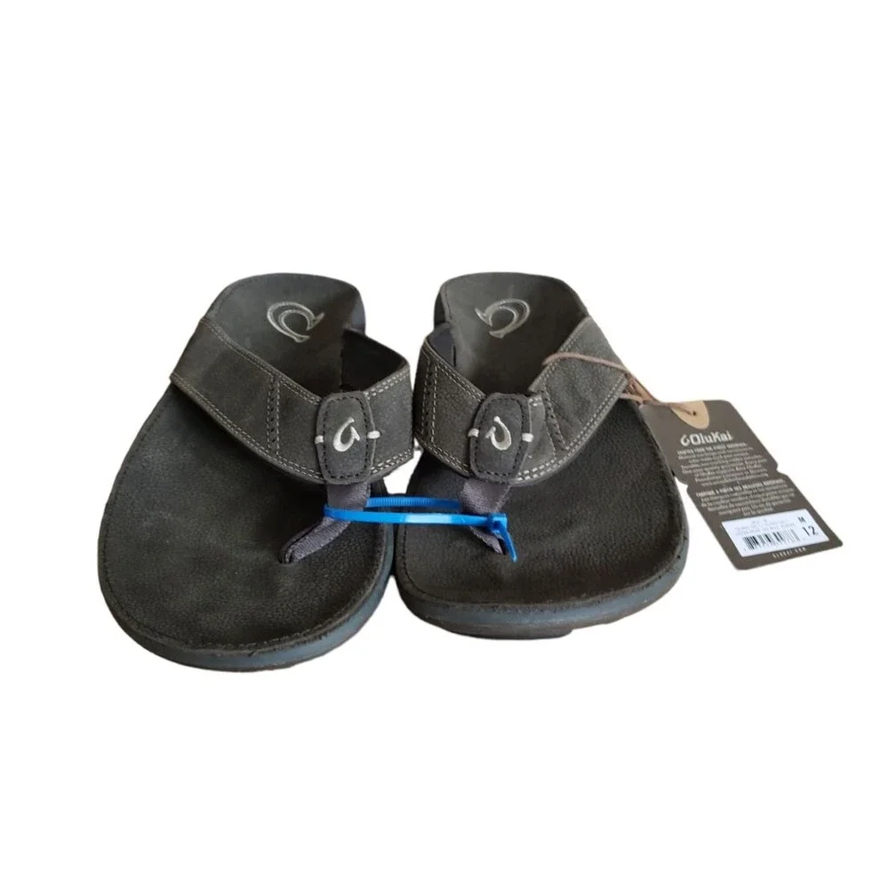 OluKai Nui Men’s Flip Flop Sandals Full Grain Leather Gray Size 12 NEW
